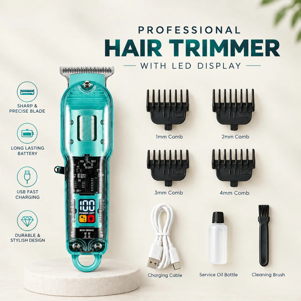 Premium Professional Hair Trimmer with Crystal-Clear Transparent Body & Smart LED Display
