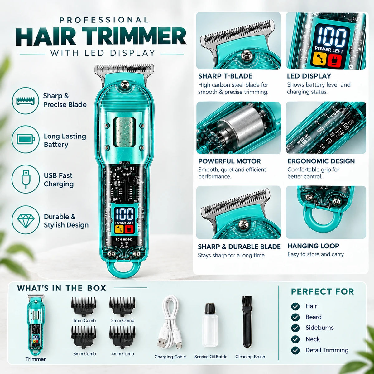 Premium Professional Hair Trimmer with Crystal-Clear Transparent Body & Smart LED Display
